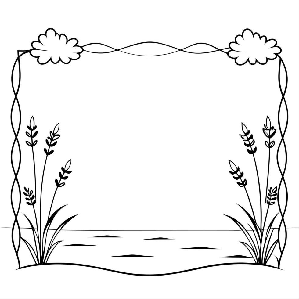 Riverbank and Flowers Border Frame with Copy Space concept as A border frame featuring a riverbank and wildflowers at opposite ends with ample copy space in the middle Whispering Cleans Set 2 vector