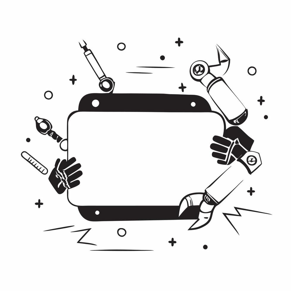 Robotic arm border with futuristic tools framing copy space concept as A border frame featuring stylized robotic arms holding futuristic tools framing a central copy space The des Cleans vector