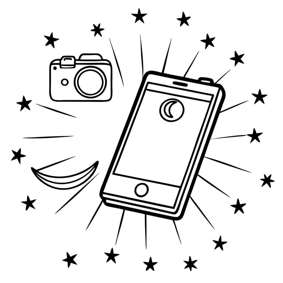 Smartphone on Holographic Background with Moon and Stars concept as A smartphone lies on a holographic background with glowing moons and stars surrounding it representing Mid Autum Cleans vector
