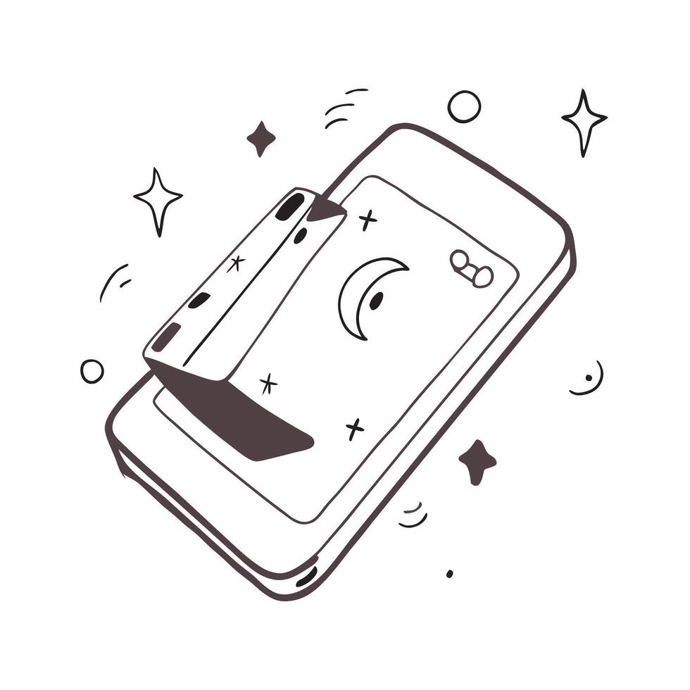 Smartphone on Holographic Background with Moon and Stars concept as A smartphone lies on a holographic background with glowing moons and stars surrounding it representing Mid Autum Cleans Set 3 vector