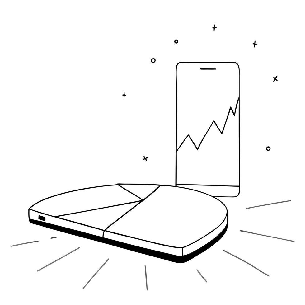 Smartphone with holographic pie chart and line graph concept as A smartphone lies on a white surface with a glowing holographic pie chart and line graph rising from the screen The Cleans vector