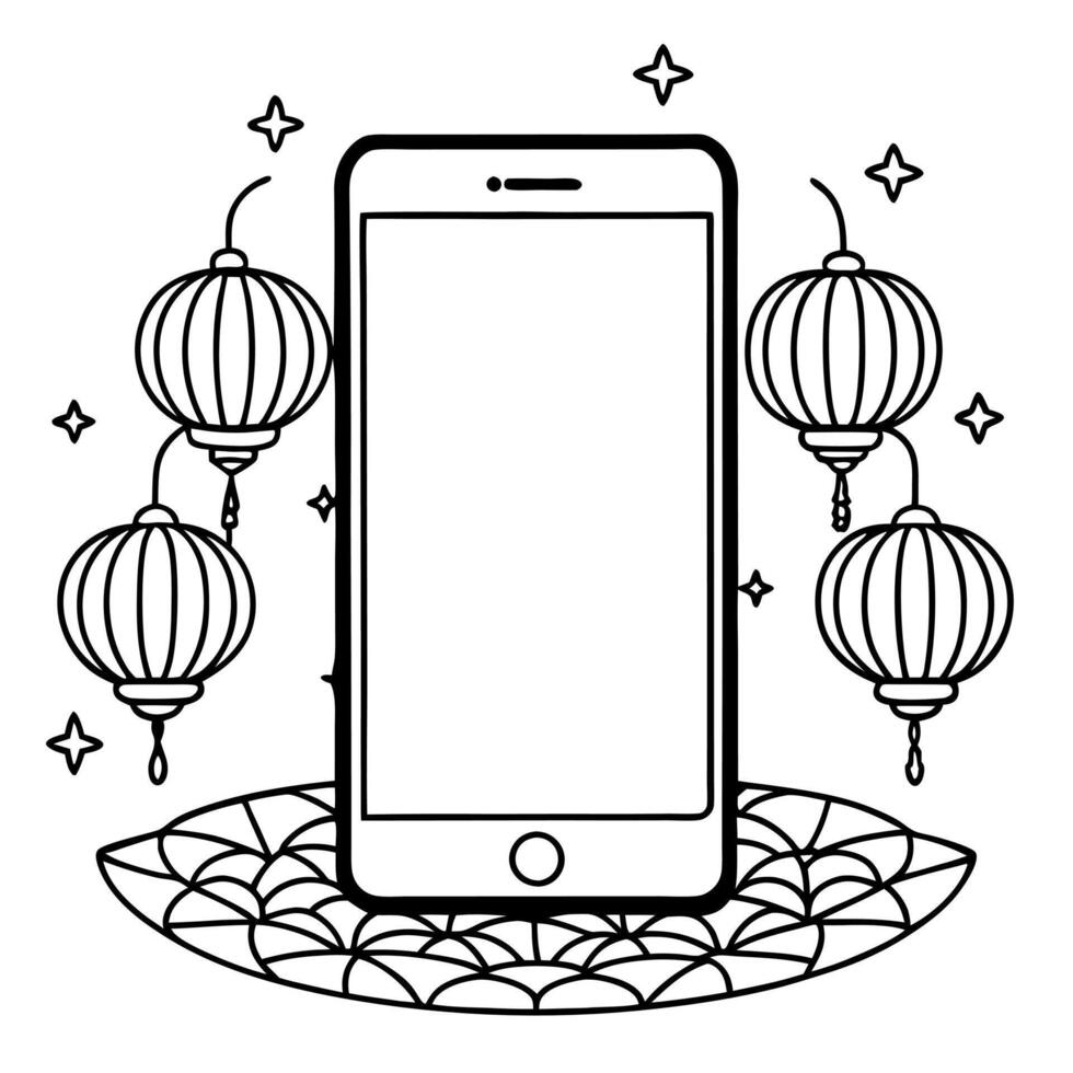 Smartphone with Holographic Mooncake and Lanterns concept as A smartphone on a white background surrounded by holographic mooncakes and lanterns symbolizing Mid Autumn Festival sym Cleans vector