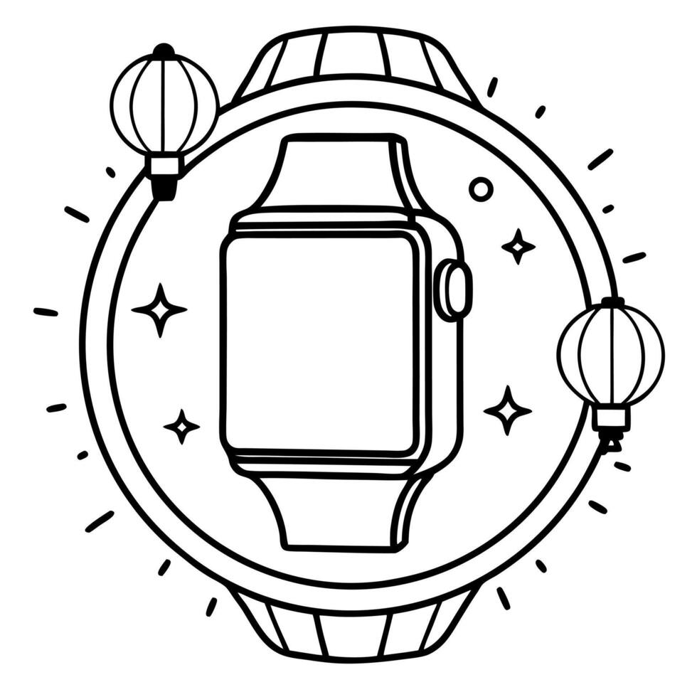 Smartwatch on Holographic Background with Lanterns concept as A smartwatch placed on a holographic background with glowing lanterns surrounding it representing the Mid Autumn Festi Cleans vector