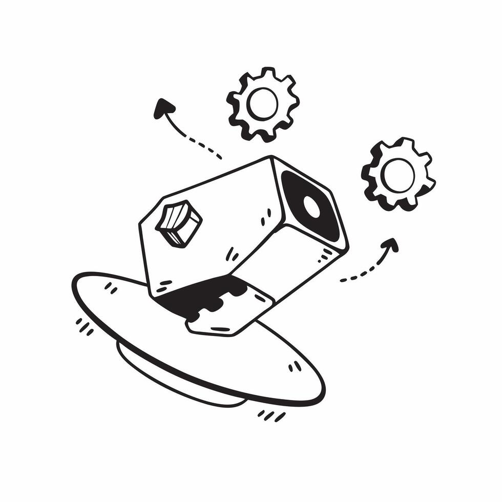Suspended digital gear with rotating elements on an isolated white background concept as A digital gear floating in mid air with smaller gears rotating around it all isolated again Cleans vector