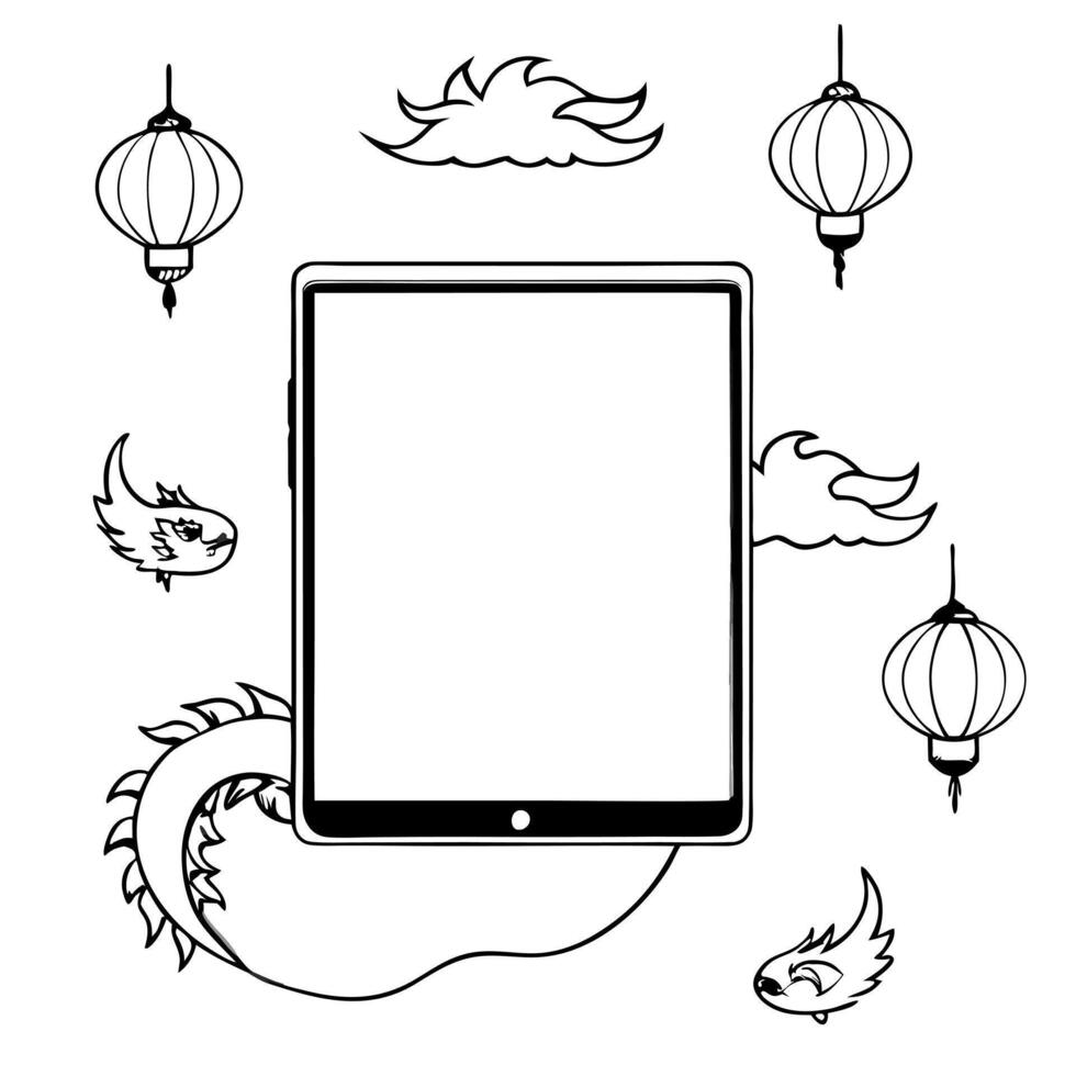 Tablet with Holographic Dragon and Lanterns concept as A tablet on a white background with holographic dragons and lanterns surrounding it symbolizing the Mid Autumn Festival Came Cleans Set 2 vector