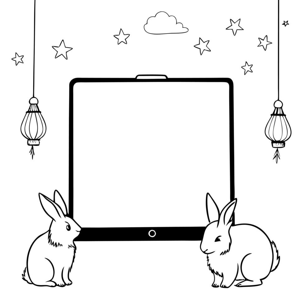 Tablet with Holographic Rabbits and Lanterns concept as A tablet on a white background with holographic rabbits and lanterns around it representing Mid Autumn Festival symbols Cam Cleans Set 2 vector