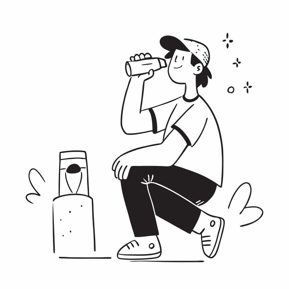 Teenager enjoying a soda while sitting on a skateboard at a skatepark concept as A candid shot of a teenager sipping a soda while sitting on a skateboard at a skatepark The camera Cleans vector
