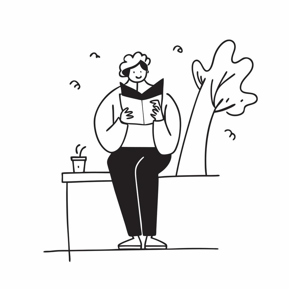 Woman enjoying a cup of tea while reading a book in a quiet park concept as A candid shot of a woman sitting on a bench enjoying a cup of tea while reading a book in a quiet park Cleans vector