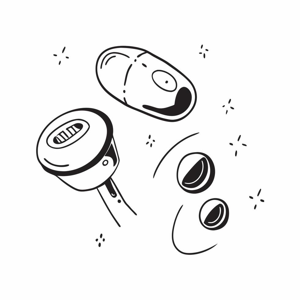 Wireless earbuds with holographic sound controls hovering concept as A pair of wireless earbuds rest on a white surface with holographic sound controls floating just above The sce Cleans vector