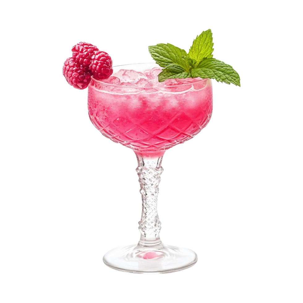 Glass pink of raspberry summer cocktail with mint garnish isolated on transparent background png