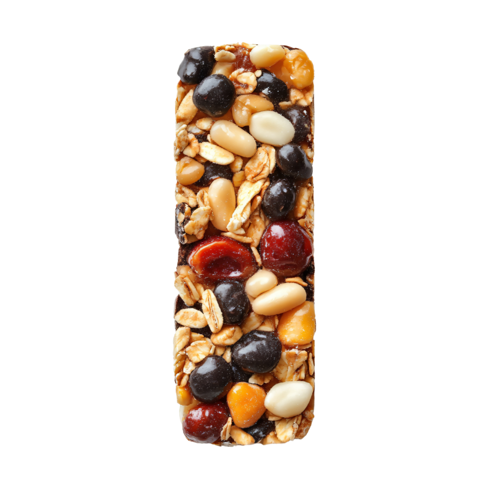 Healthy snack energy protein bar made of mixed nuts, seeds, and dried fruits isolated on transparent background png