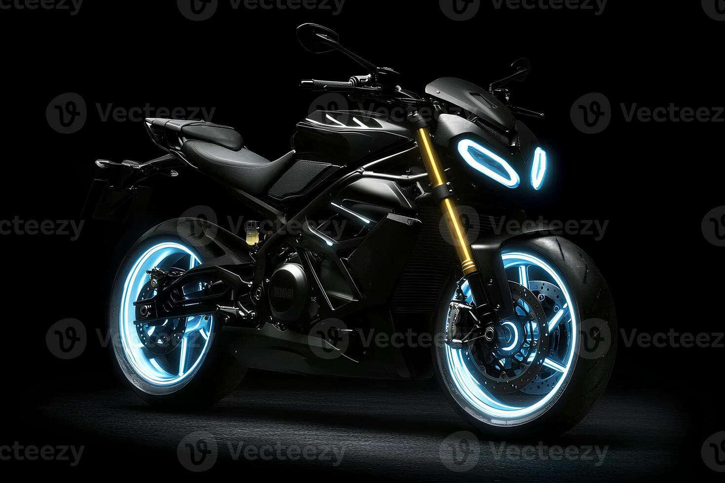 A sleek sports motorcycle illuminated by neon lights, set against a black background, creating a dynamic and futuristic atmosphere photo