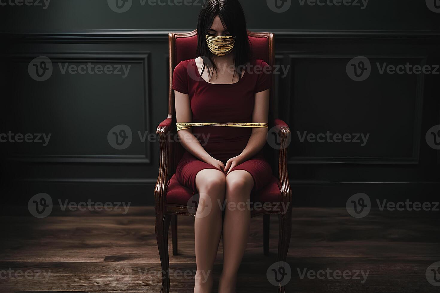 A beautiful young woman in a red dress wearing a medical mask, creating a striking contrast between fashion and the modern need for protection photo
