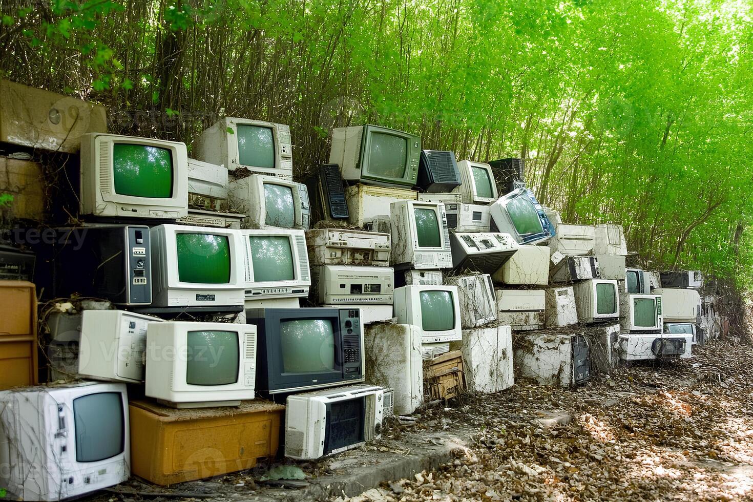 A collection of old, discarded televisions scattered on the forest floor, showcasing environmental pollution in a natural setting photo