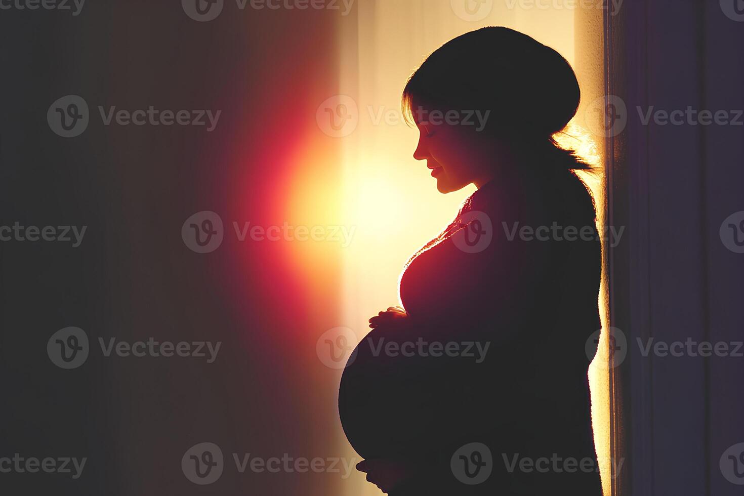 A stunning silhouette of a pregnant woman standing by a window, with soft light illuminating her shape. The peaceful and serene atmosphere highlights the beauty of motherhood photo
