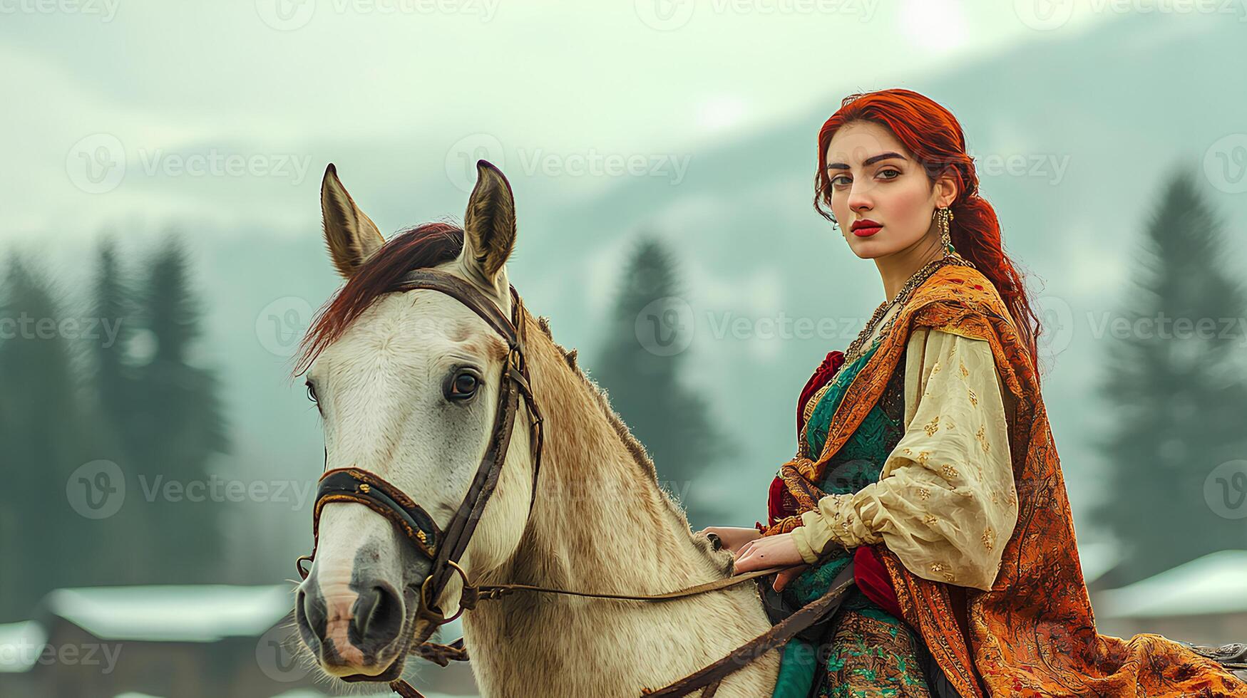 A beautiful girl dressed in a medieval gown, standing beside a horse in the mountains. The majestic mountain backdrop and the natural setting enhance the serene and regal atmosphere photo
