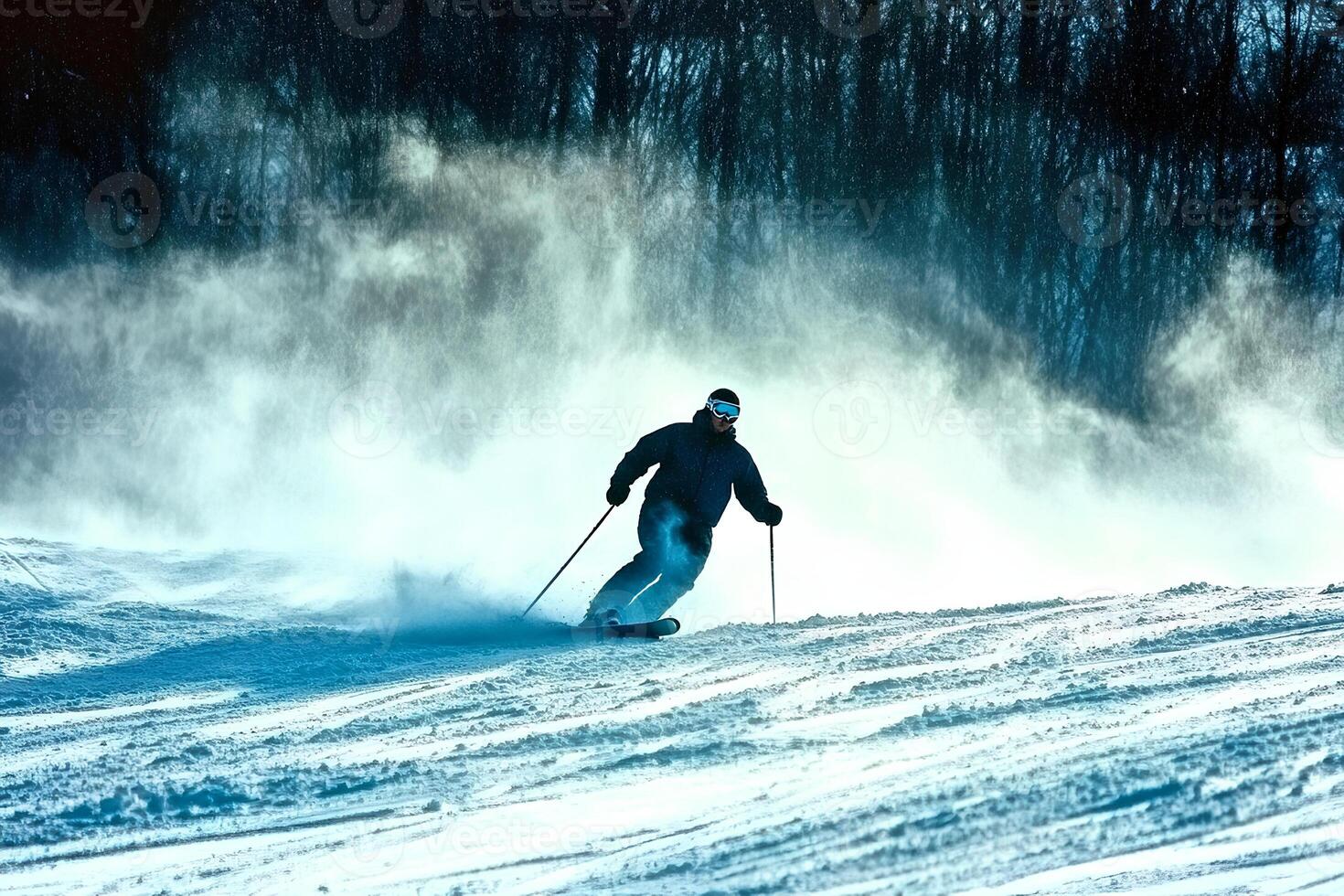 A skier gliding downhill through a snowy winter forest, surrounded by tall trees and fresh powder, capturing the excitement of skiing in the mountains photo