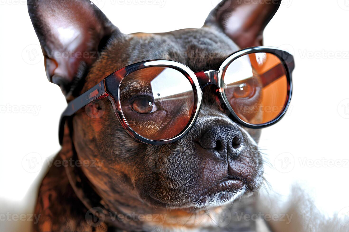 Portrait of a French Bulldog Wearing Glasses and Looking at the Camera photo