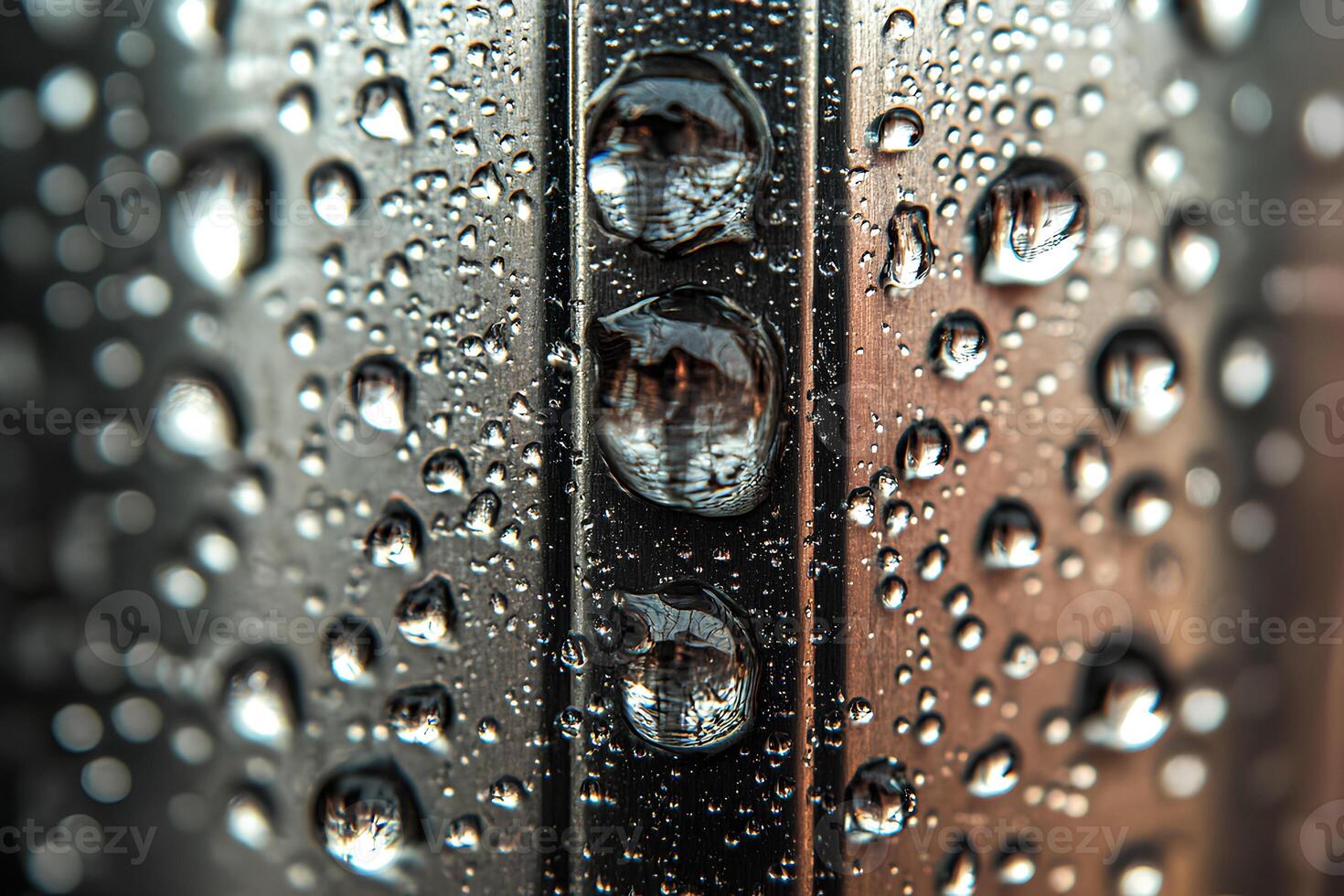 A detailed close-up of water drops scattered on a smooth metal surface. The reflective droplets create a visually appealing texture and highlight the interaction between water and metal. photo