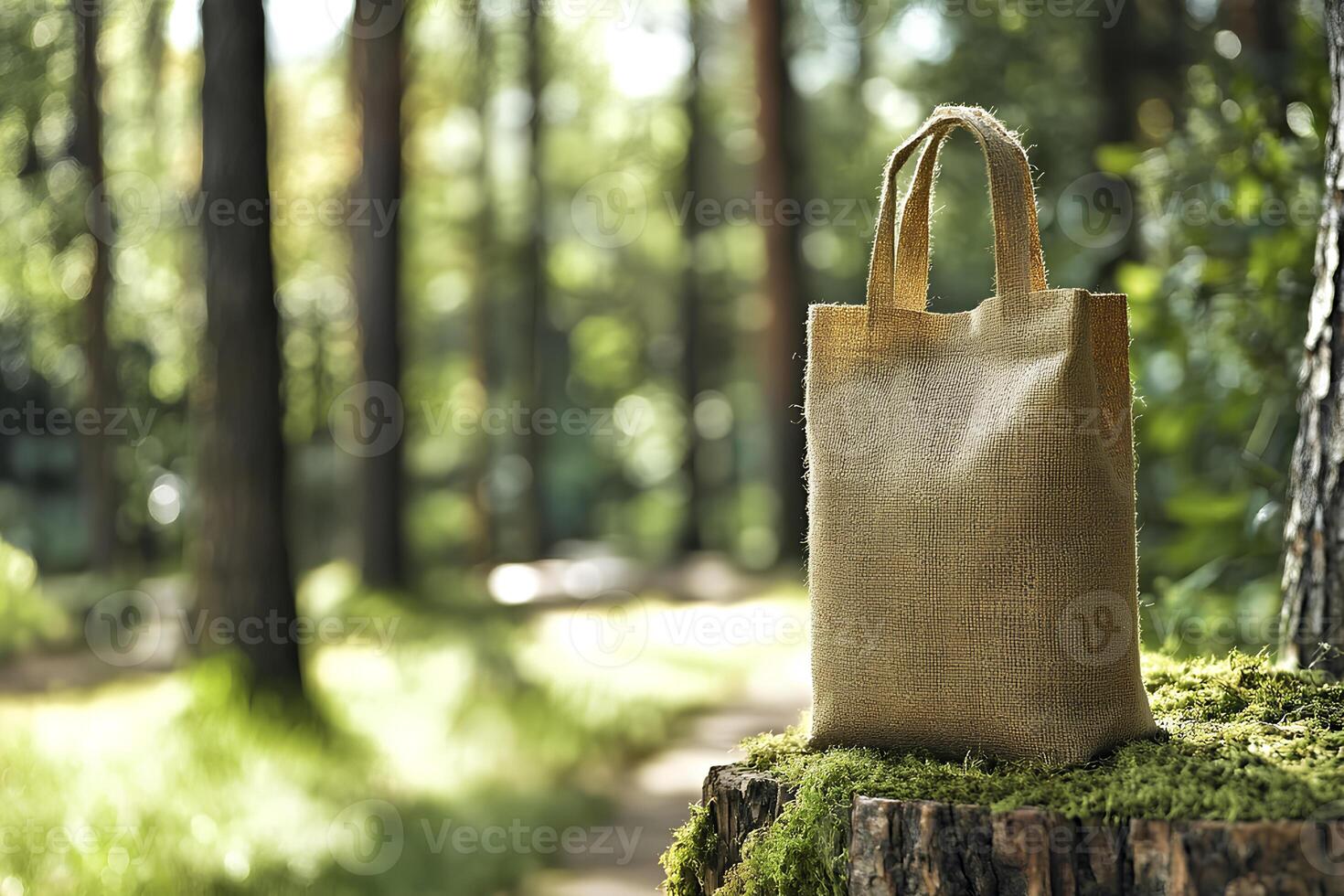 Fashionable eco-friendly bag placed on a wooden stump in the forest, symbolizing sustainable style and nature photo