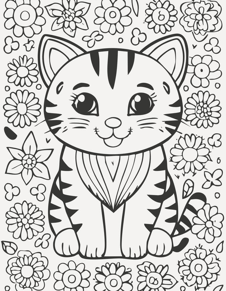 Cute Cat Kitten Coloring Kid Book Page in Black and White. Monochrome and Colored vector