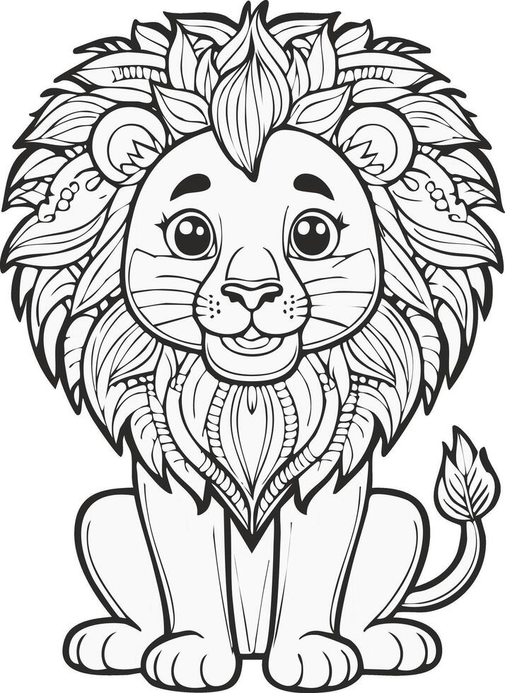 Cute Lion Coloring Kid Book Page in Black and White. Monochrome and Colored vector
