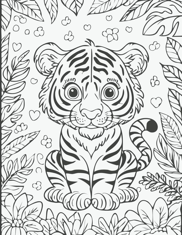 Cute Tiger Cat Coloring Kid Book Page in Black and White. and Colored Samples vector
