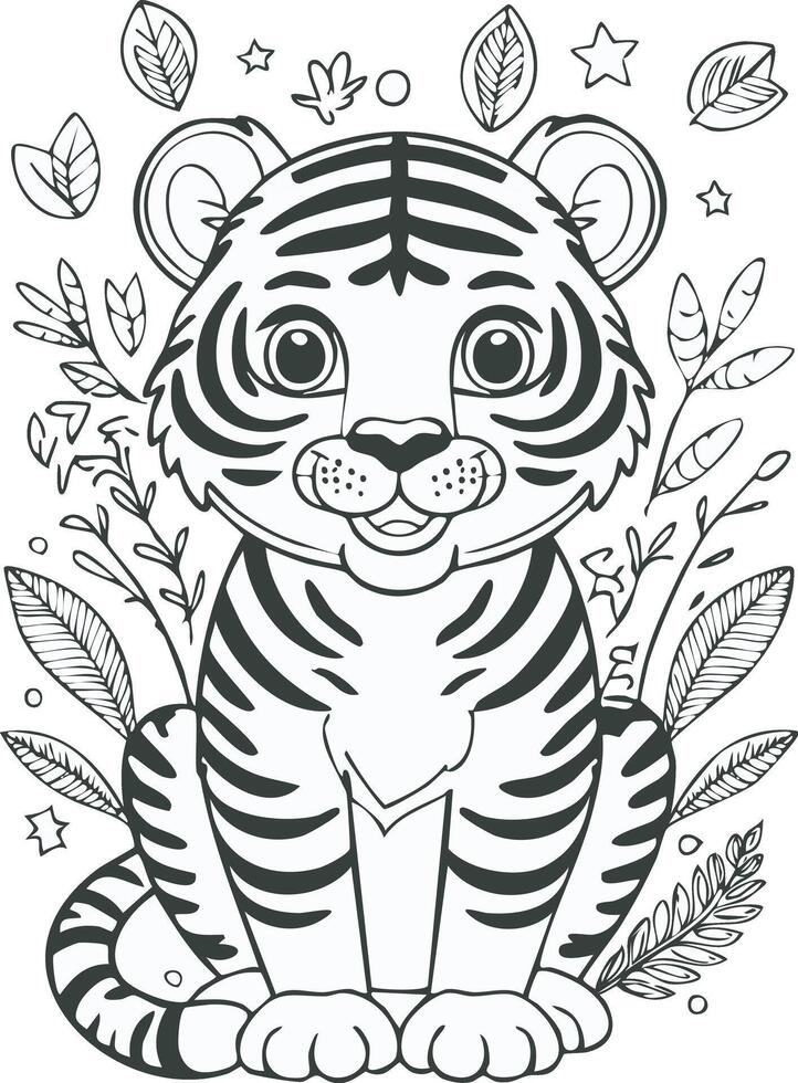 Cute Tiger Cat Coloring Kid Book Page in Black and White. Monochrome Colored Samples vector