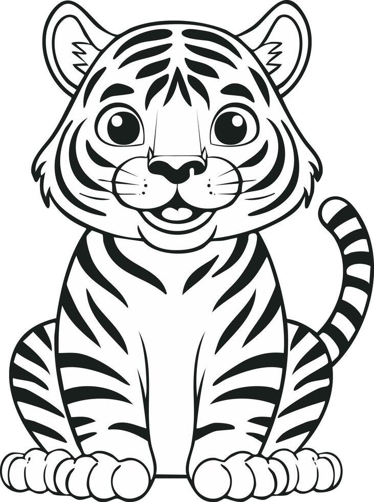 Cute Tiger Cat Coloring Kid Book Page in Black and White. Monochrome and Colored Samples vector