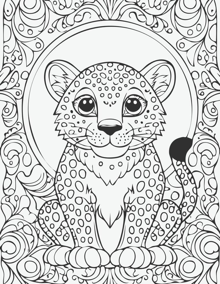Cute Cheetah Cat Mammal Coloring Kid Book Page in Black and White. Monochrome and Colored vector