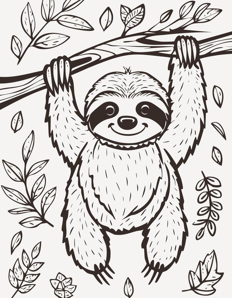 Cute Sloth Mammal Coloring Kid Book Page in Black and White. Monochrome Colored Samples vector