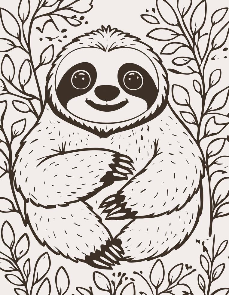 Cute Sloth Mammal Coloring Kid Book Page in Black and White. and Colored Samples vector