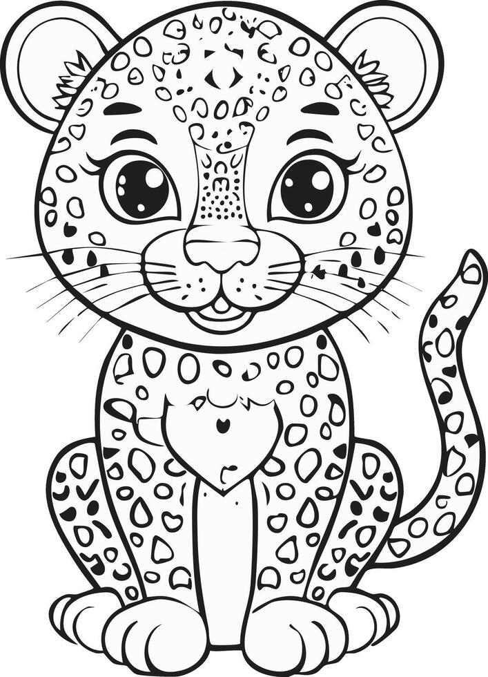 Cute Leopard Cat Mammal Coloring Kid Book Page in Black White. Monochrome and Colored Samples vector