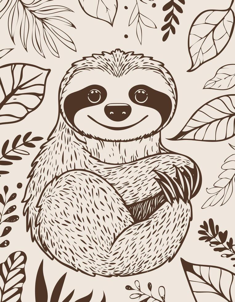 Cute Sloth Mammal Coloring Kid Book Page in Black and White. Monochrome and Colored Samples vector