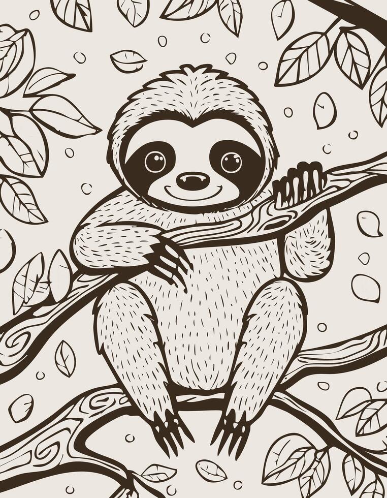 Cute Sloth Mammal Coloring Kid Book Page in Black and White. Monochrome and Samples vector