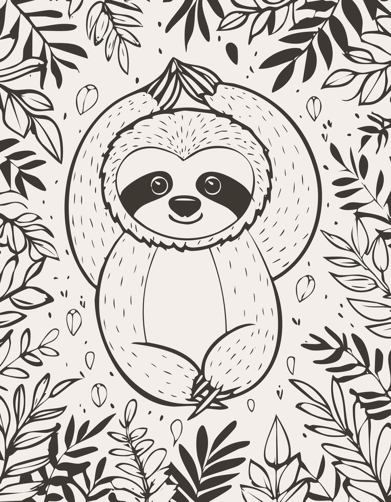 Cute Sloth Mammal Coloring Kid Book Page in Black and White. Monochrome and Colored vector