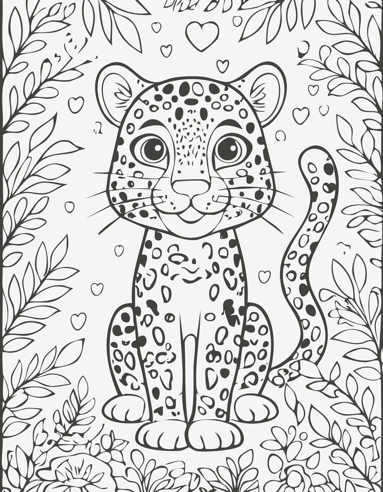 Cute Leopard Cat Mammal Coloring Kid Book Page in Black and White. Monochrome and Colored Samples vector