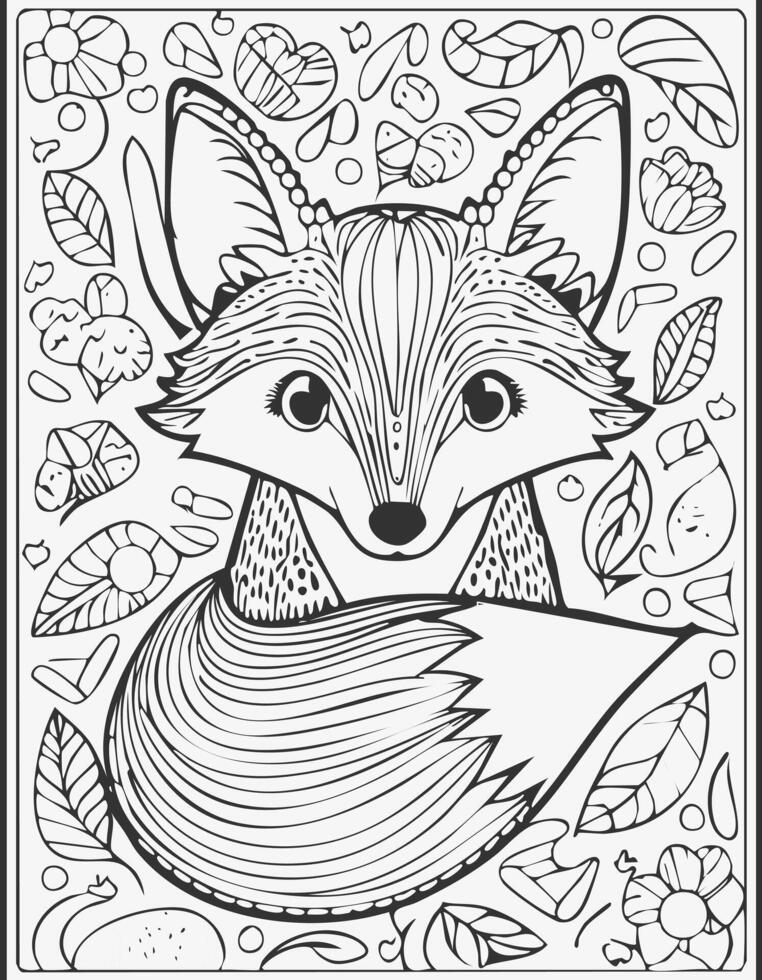 Cute Fox Mammal Coloring Kid Book Page in Black and White. Monochrome and Colored Samples vector