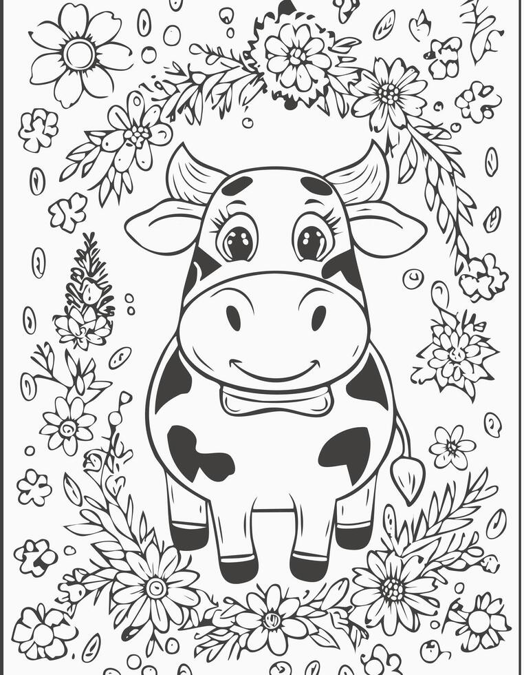 Cute Cow Mammal Coloring Kid Book Page in Black and White. Monochrome Colored Samples vector