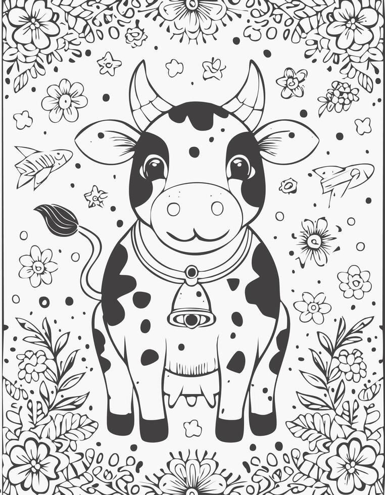 Cute Cow Mammal Coloring Kid Book Page in Black and White. Monochrome and Colored vector