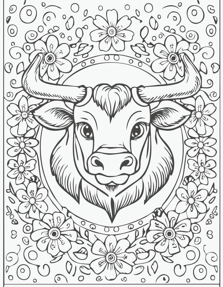 Cute Bull Buffalo Mammal Coloring Kid Book Page in Black and White. Monochrome and Colored vector