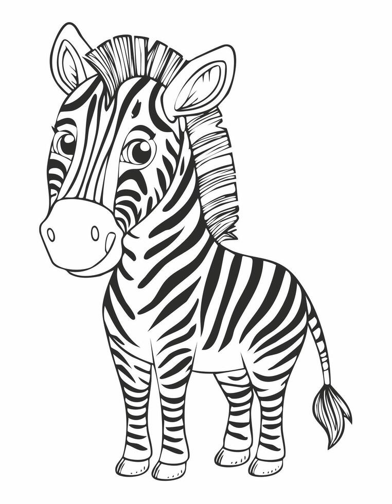 Cute Zebra Mammal Coloring Kid Book Page in Black and White. Monochrome and Colored vector