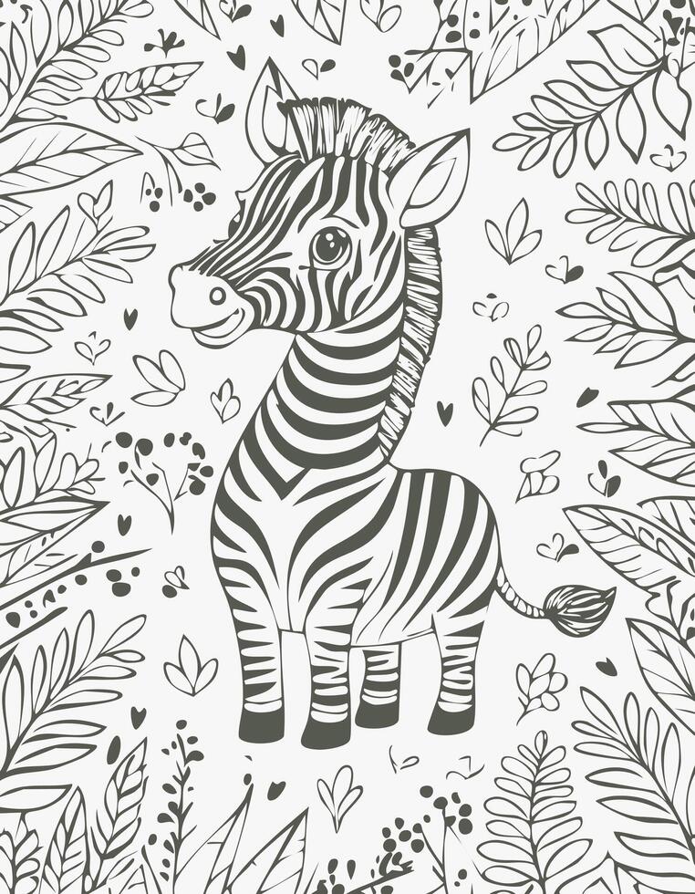 Cute Zebra Mammal Coloring Kid Book Page in Black and White. Monochrome and Colored Samples vector