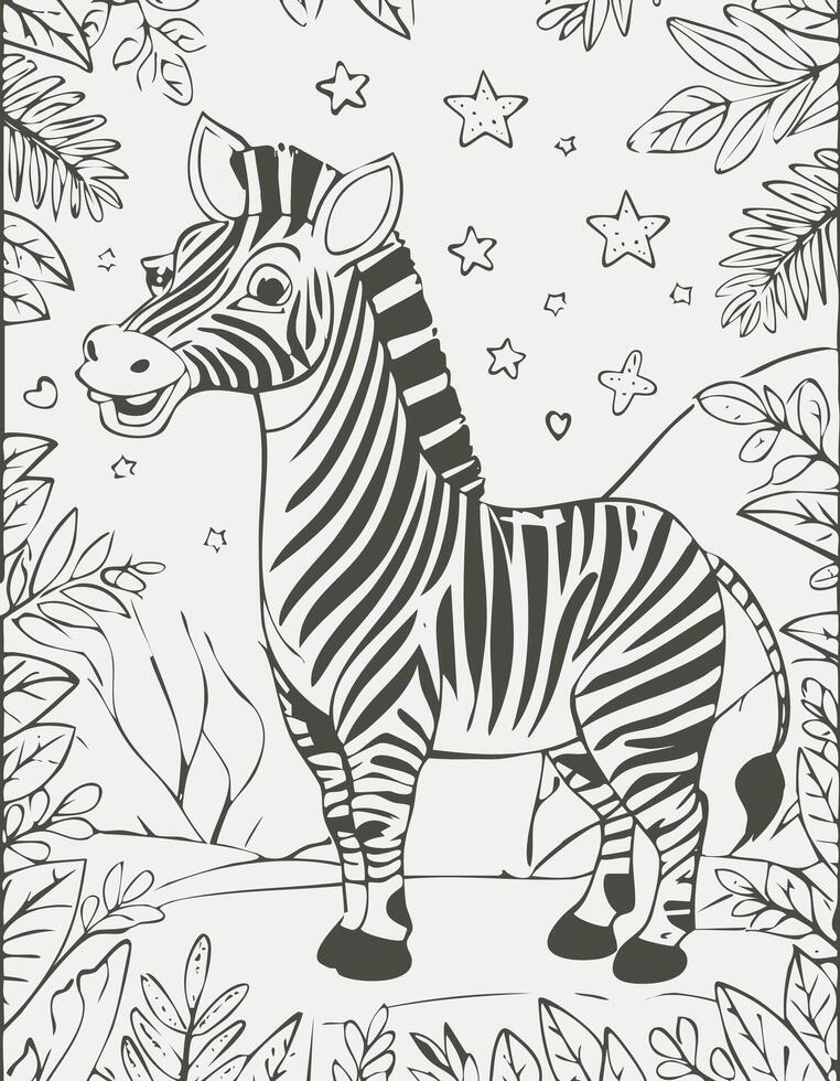 Cute Zebra Mammal Coloring Kid Book Page in Black and White. Monochrome Colored Samples vector