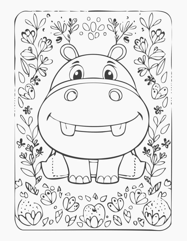 Cute Hippopotamus Hippo Mammal Coloring Kid Book Page in Black White. Monochrome and Colored Samples vector