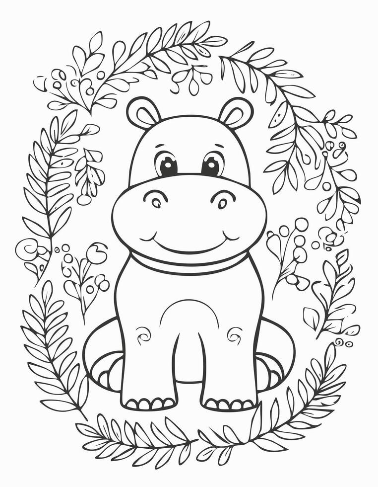 Cute Hippopotamus Hippo Mammal Coloring Kid Book Page in Black and White. and Colored Samples vector