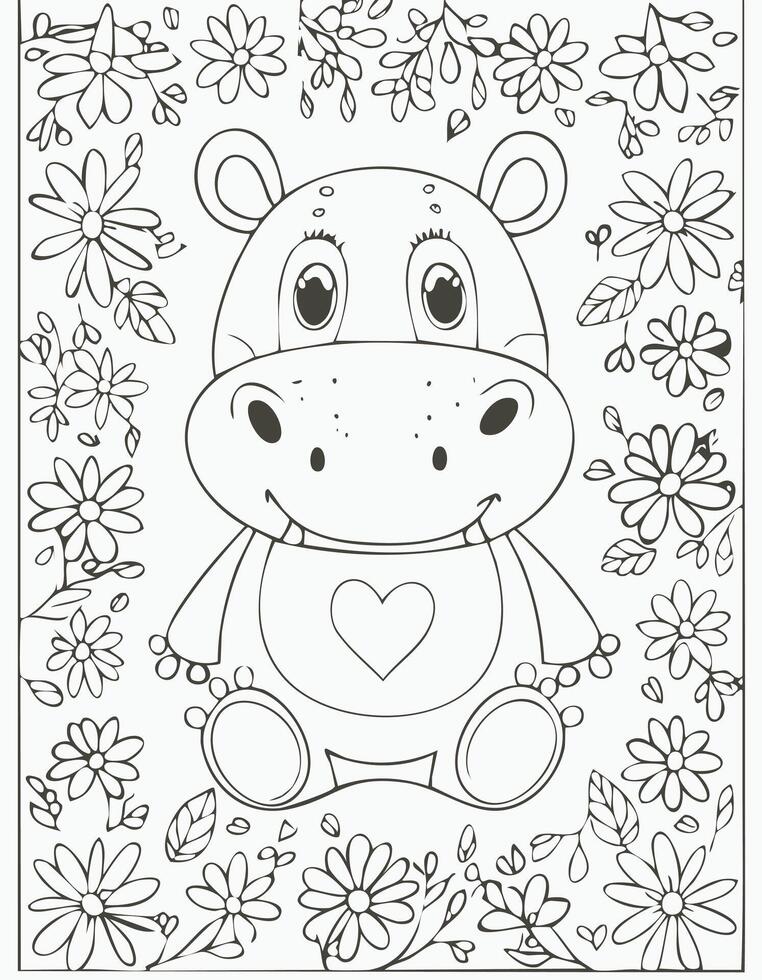 Cute Hippopotamus Hippo Mammal Coloring Kid Book Page in Black and White. Monochrome and Colored vector