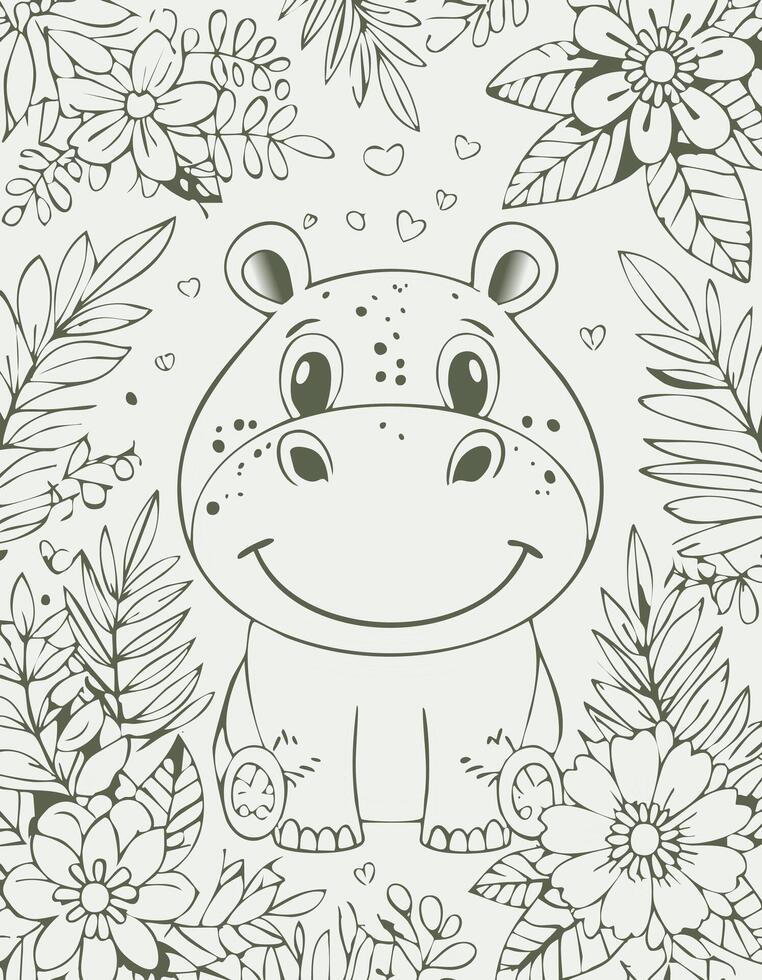 Cute Hippopotamus Hippo Mammal Coloring Kid Book Page in Black and White. Monochrome and Colored Samples vector