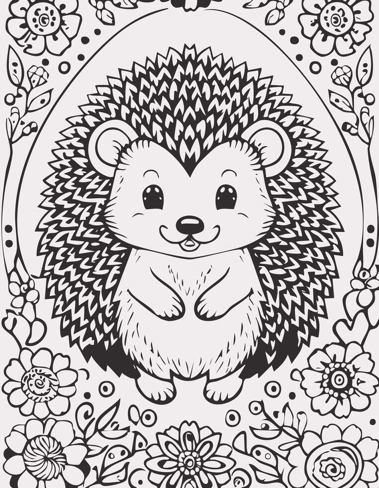 Cute Hedgehog Mammal Coloring Kid Book Page in Black and White. Monochrome and Colored vector