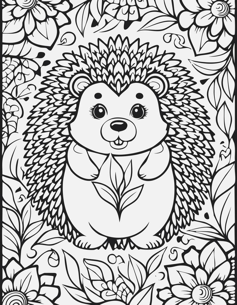 Cute Hedgehog Mammal Coloring Kid Book Page in Black and White. and Colored Samples vector